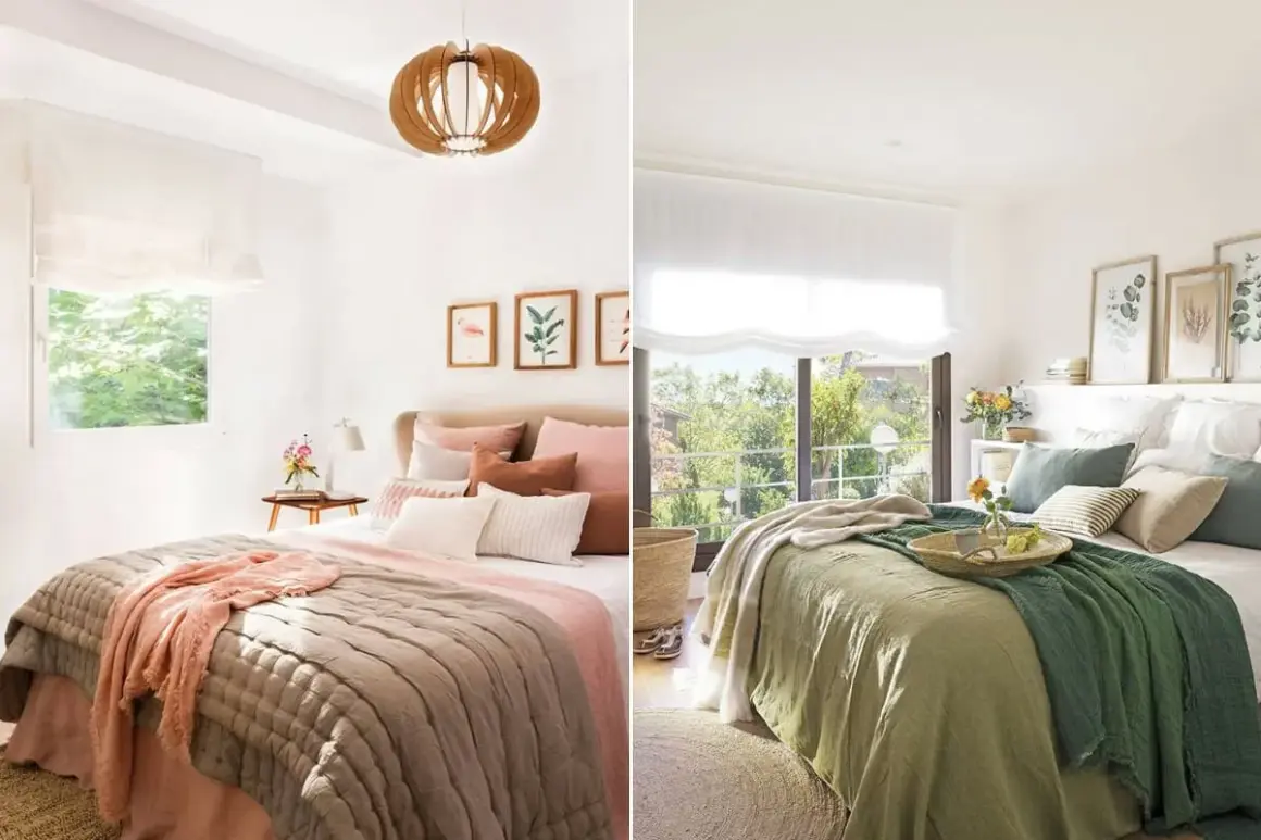 Two cozy bedrooms showcase how to layer bedding with plush throws and decorative pillows in soft, natural tones.