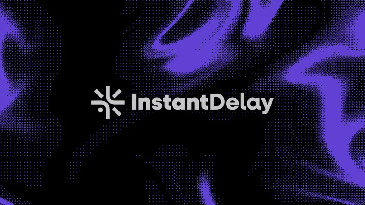 The "InstantDelay" logo appears on a black background with purple pixelated abstract shapes. This visual suggests a focus on minimizing streaming latency.