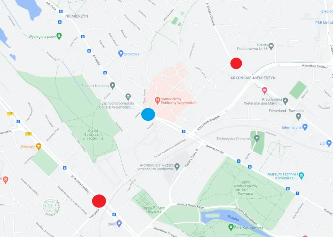 Mapa Szczecina z zaznaczonymi punktami: czerwonymi i niebieskim.
