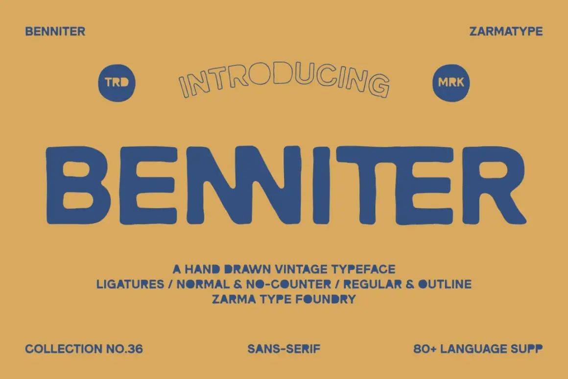 Retro graphic design showcasing the "BENNITER" typeface. This hand-drawn font, with its vintage appeal, is presented in a bold, blue sans-serif style.