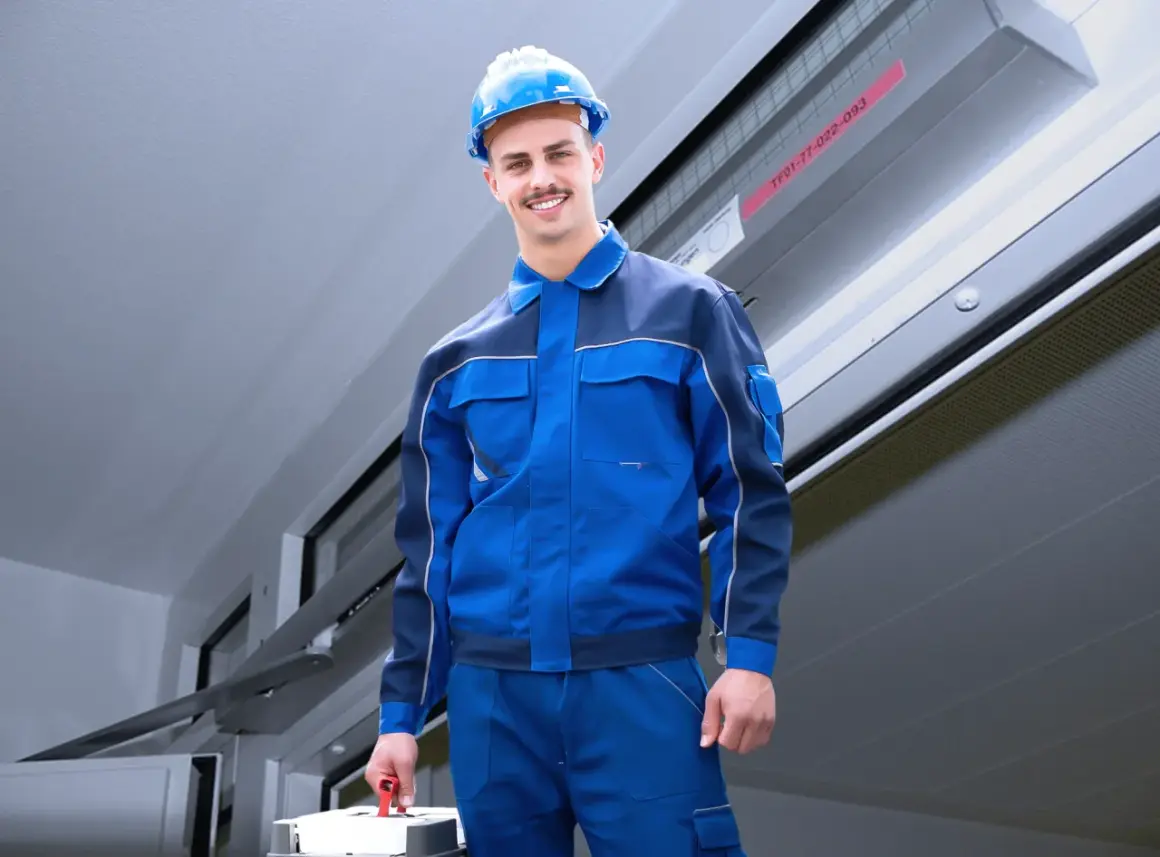 Ein Handwerker in blauer Arbeitskleidung und Helm trägt einen Werkzeugkasten. Er ist bereit für den Einsatz nach DIN 14677.