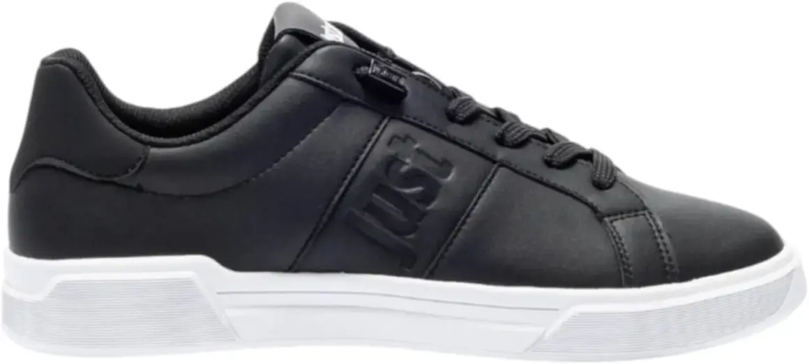 Sneakers cavalli uomo nere in pelle, con logo "Just" in rilievo e suola bianca. Stile casual e moderno.