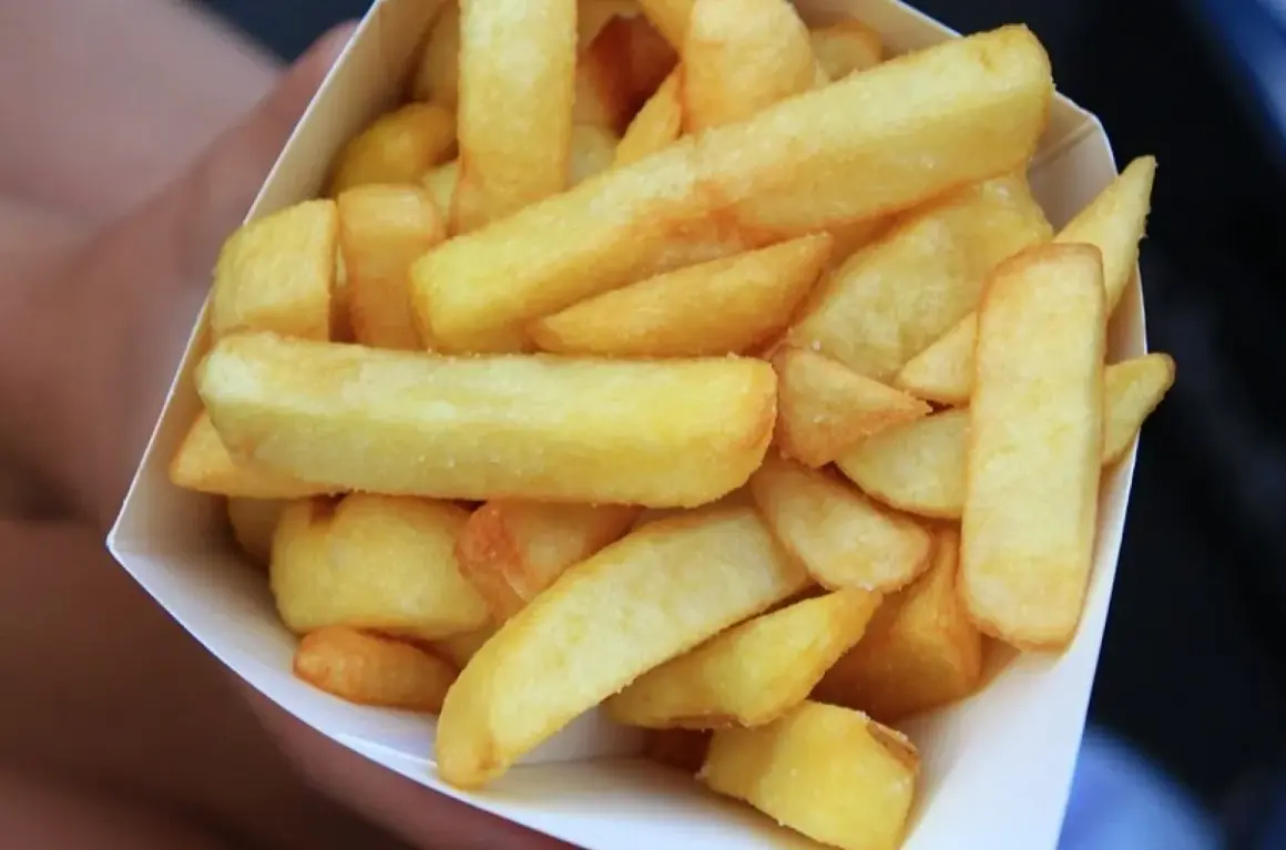Złociste, grube frytki belgijskie w papierowym rożku.