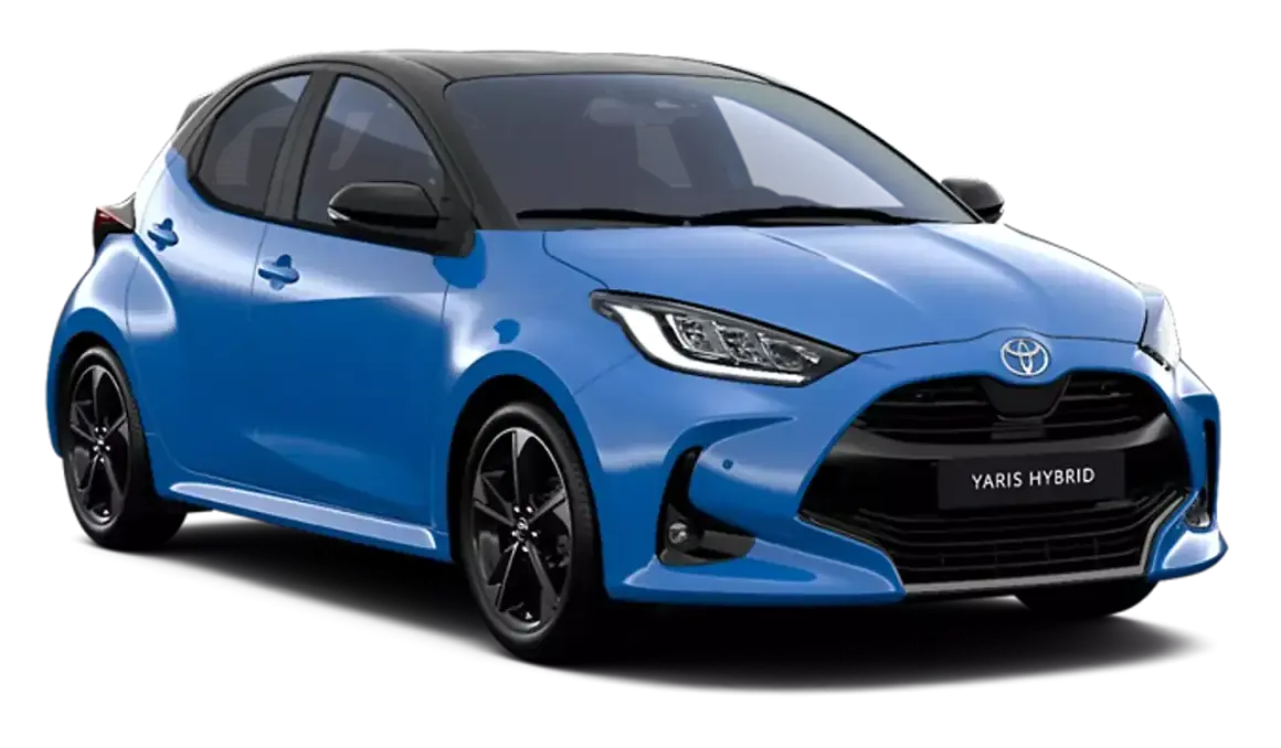 Niebieski Toyota Yaris Hybrid z czarnym dachem. Sprawdź jego kompaktowe toyota yaris wymiary, idealne do miasta.