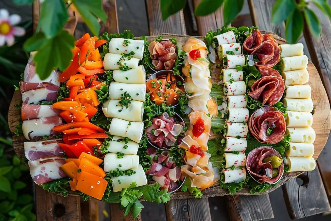 Plateau généreux pour un apéritif provençal : fromages roulés, charcuteries fines, poivrons colorés et olives.