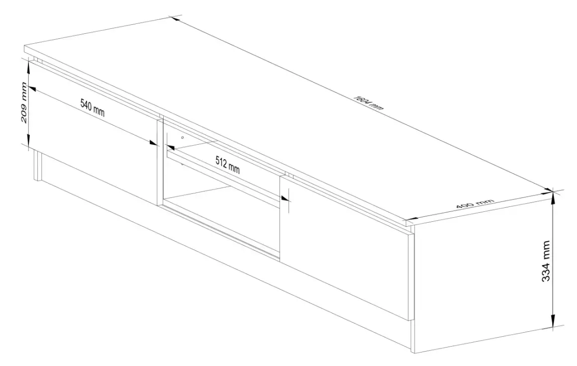 Rysunek techniczny szafki RTV. Wymiary: 1604x400x334 mm. Wysokość szafki RTV to 334 mm.
