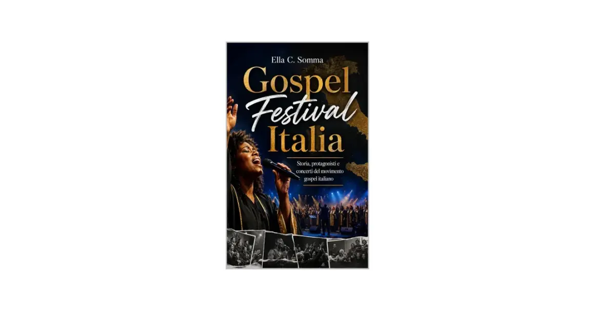 Copertina libro "Gospel Festival Italia" con cantante e coro. Racconta la storia del movimento gospel italiano.
