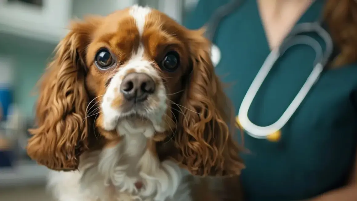 Un chien Cavalier King Charles, au regard triste, est examiné par un vétérinaire. Il pourrait souffrir d'un stade terminal d'insuffisance cardiaque.