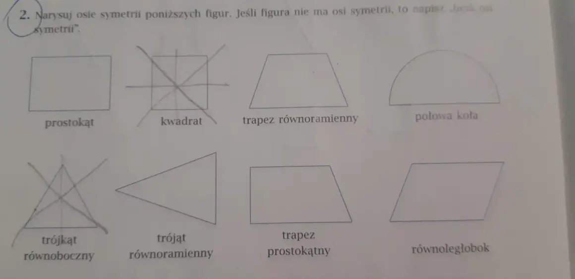 Kwadrat ma cztery osie symetrii. Na rysunku widać kwadrat z zaznaczonymi osiami.