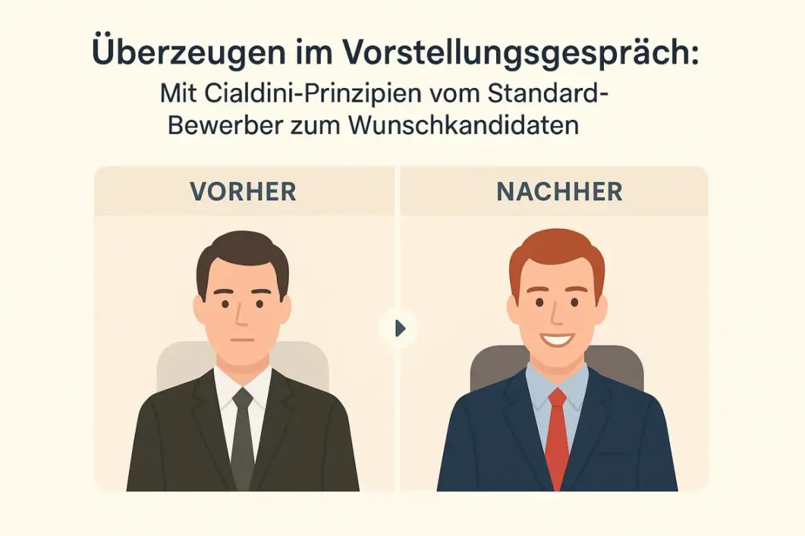 Vorher-Nachher-Vergleich: Ein Bewerber wird durch Cialdini-Prinzipien vom Standard zum Wunschkandidaten. Expertise bedeutung wird hier visuell dargestellt.