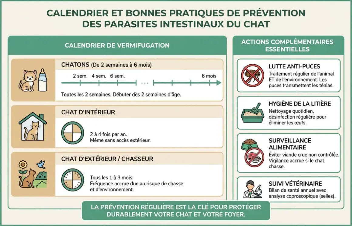 Calendrier de vermifugation et actions pour prévenir les vers intestinaux du chat. Conseils pour chatons, chats d'intérieur et d'extérieur.