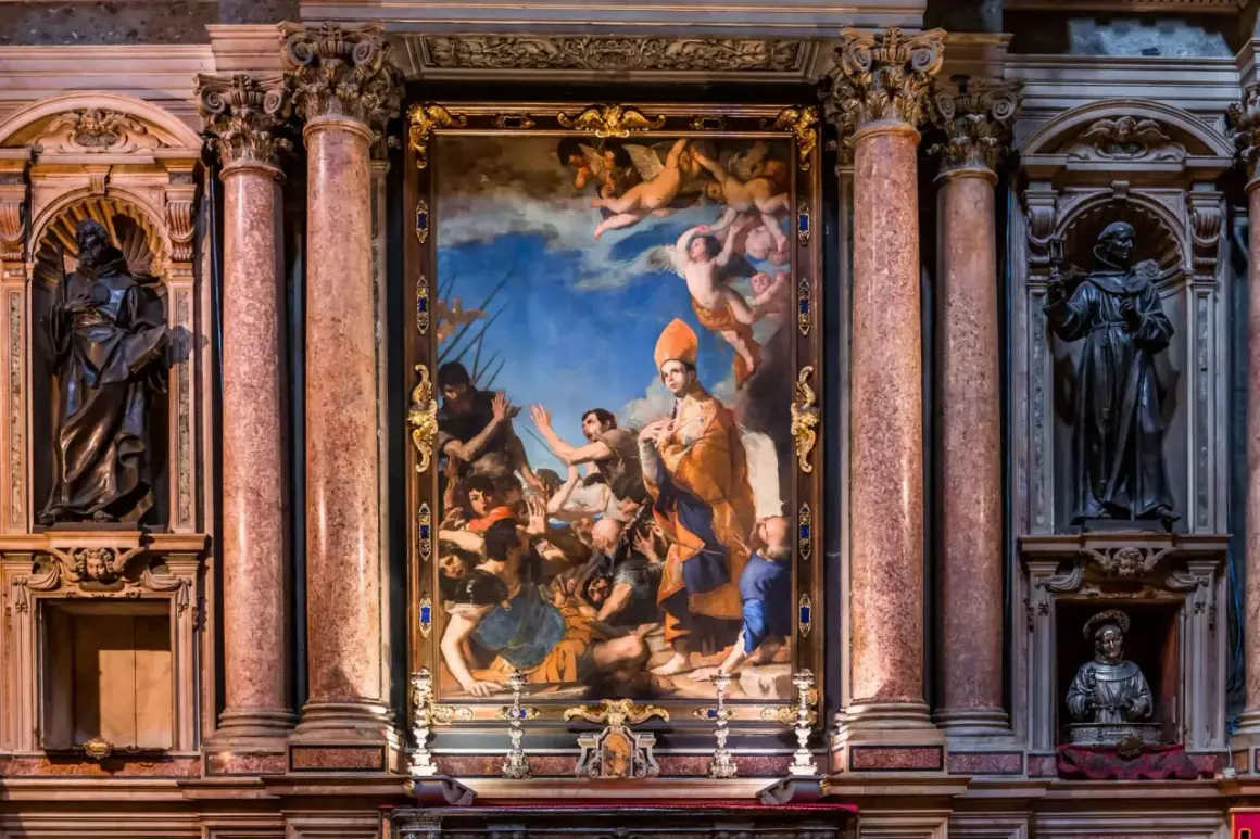 Dipinto barocco in una chiesa, con un santo in abiti sontuosi circondato da angeli e fedeli. La scena è così intensa che "mi fai impazzire in napoletano"!