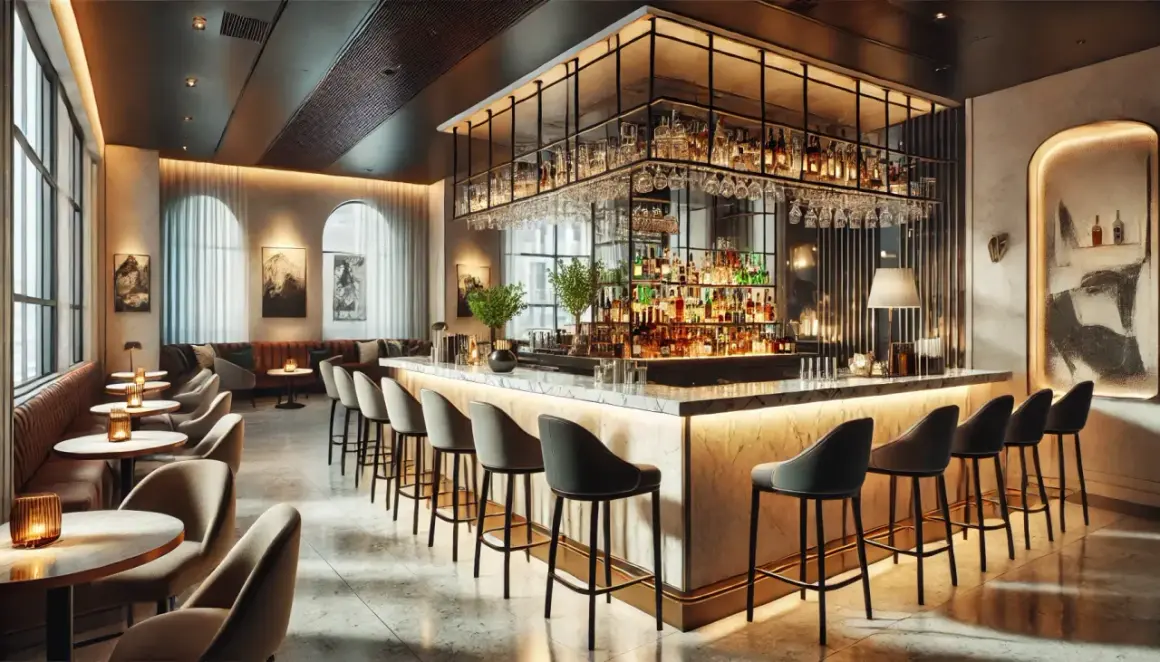 Elegante arredamento ristorante moderno con bancone bar illuminato, sgabelli in pelle e tavolini accoglienti.