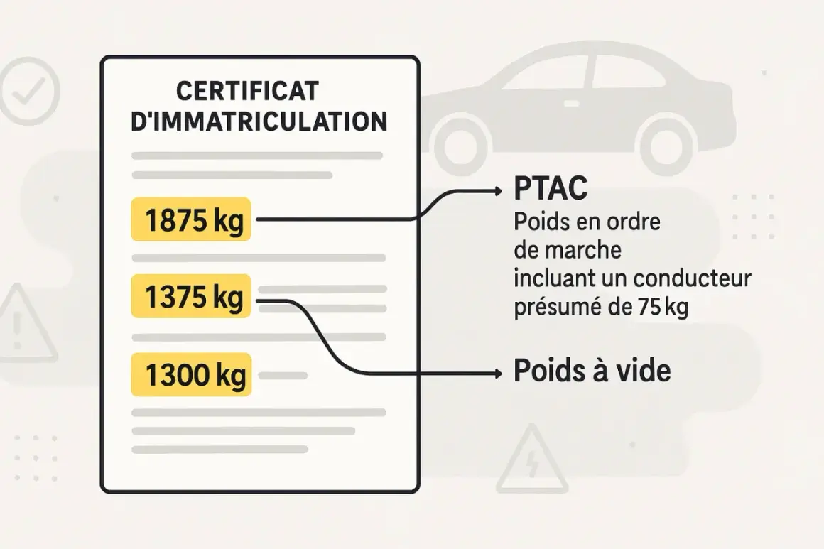 Extrait du certificat d'immatriculation : PTAC (poids en ordre de marche) 1875 kg, poids à vide 1300 kg. Le poids carte grise est essentiel.
