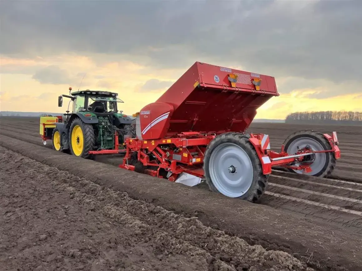 Traktor z sadzarką GRIMME sadzi ziemniaki. Optymalne ile kg sadzeniaków na 1 ha zależy od odmiany i warunków.