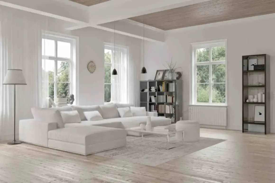 Soggiorno luminoso con divano bianco, libreria e finestre ampie. Un esempio di come dipingere una stanza per farla sembrare più grande, usando colori chiari e arredi minimalisti.