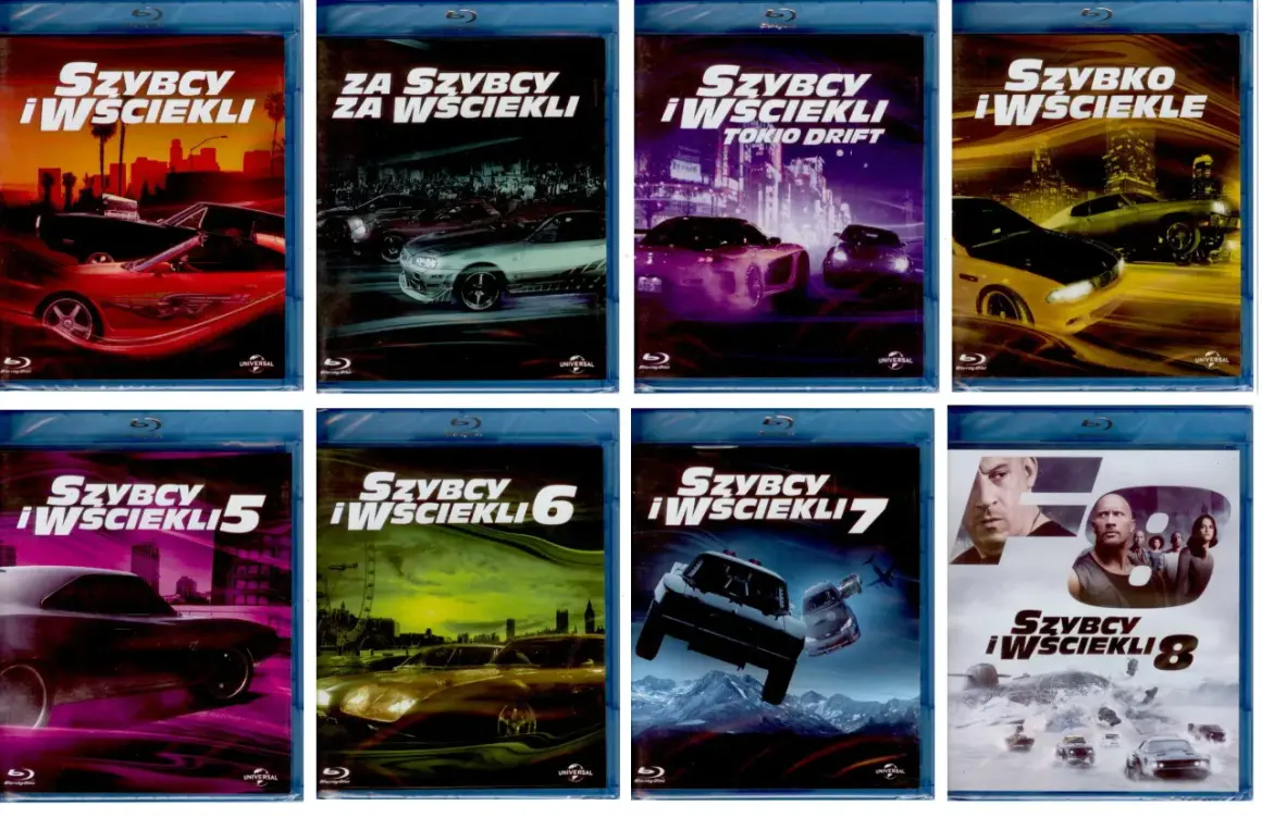 Kolekcja filmów Szybcy i wściekli na Blu-ray: od klasyków z samochodami po epickie pościgi.