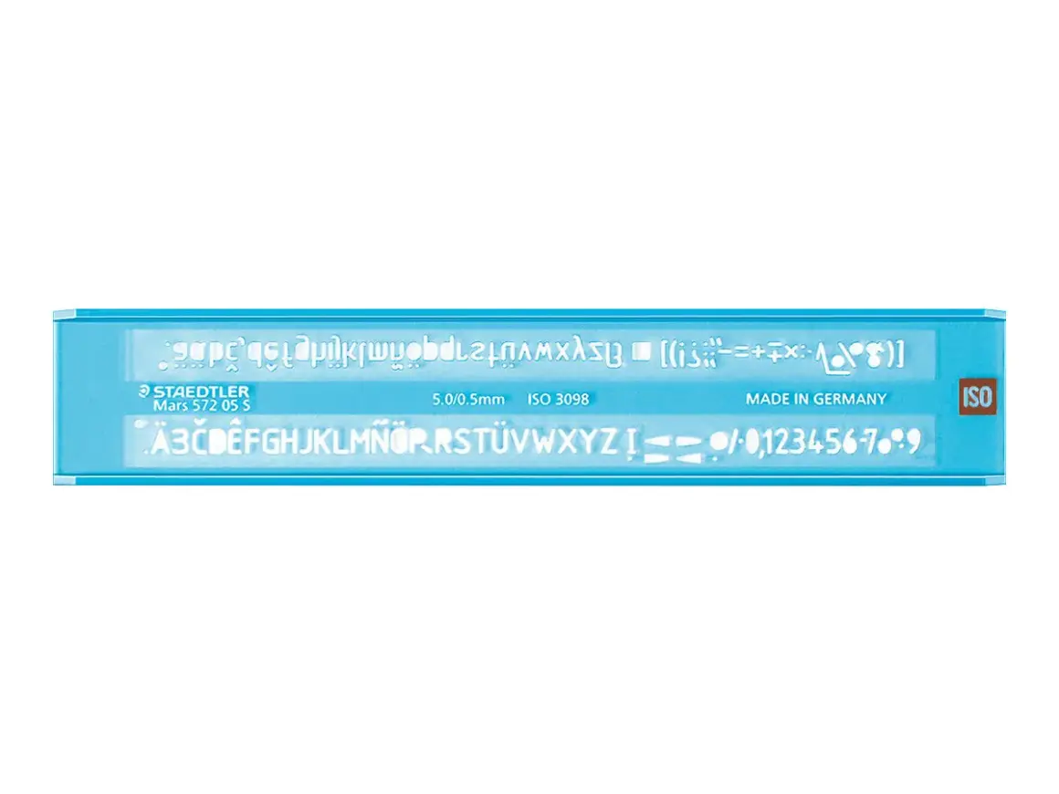 Gabarit Staedtler pour décorer une lettre avec des lettres majuscules, minuscules, chiffres et symboles.