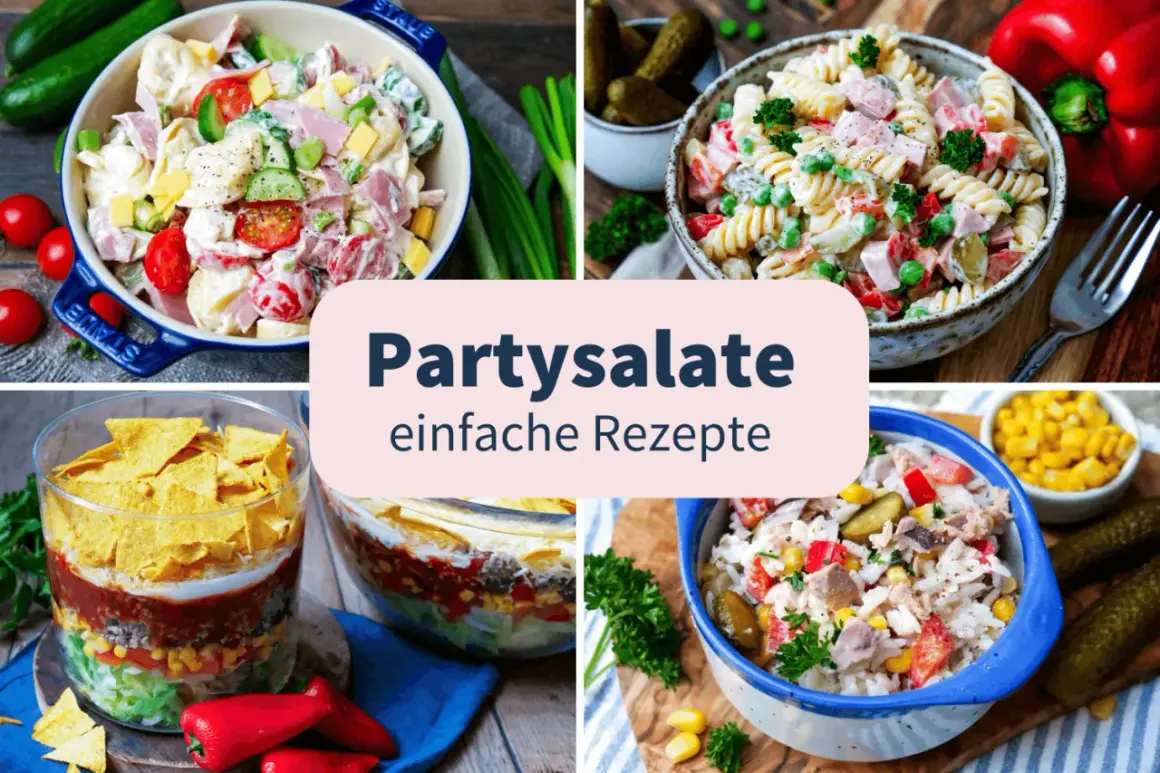 Vier leckere Partysalate, von Nudel- bis Schichtsalat, perfekt für deine nächste Feier. Hier findest du die besten Salate zur Party!