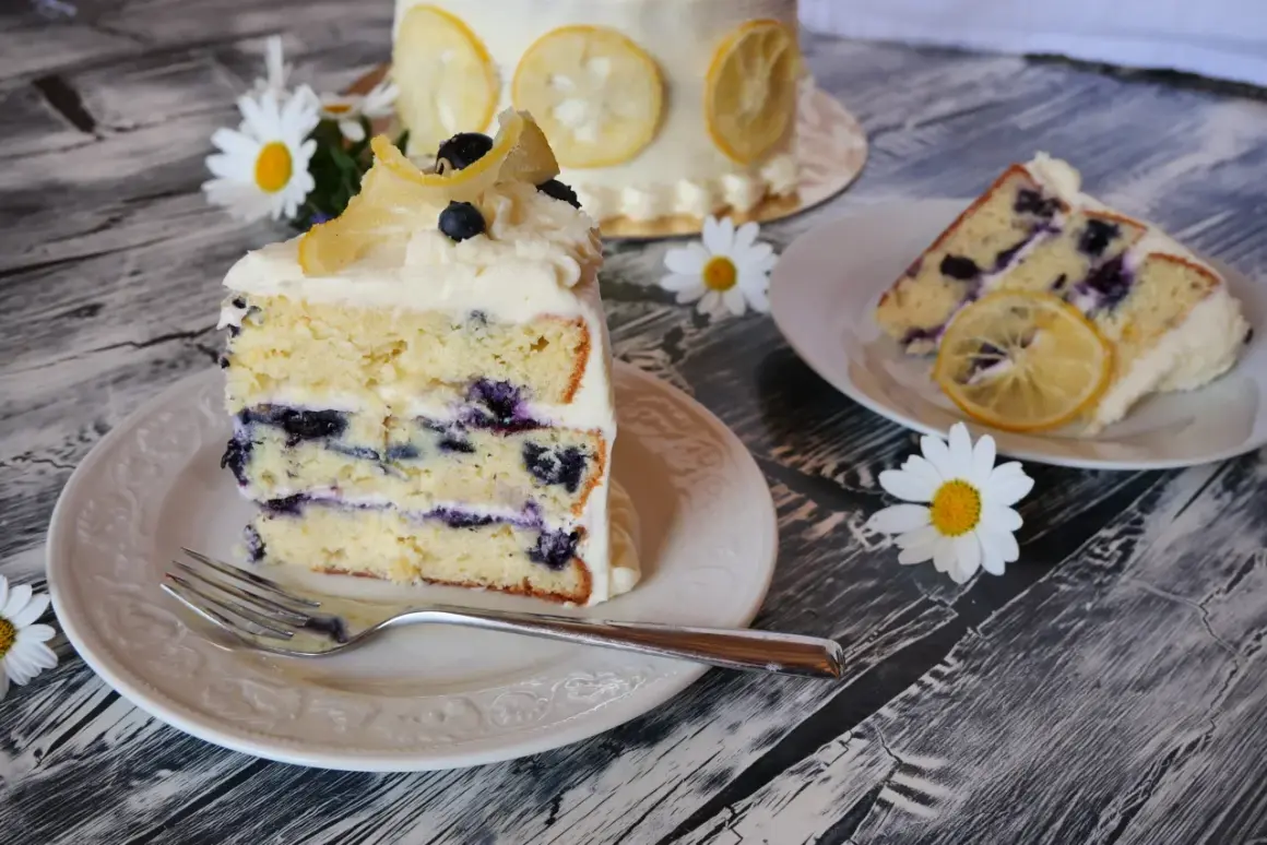 Ein Stück saftiger Zitronen-Blaubeerkuchen mit cremigem Frosting, garniert mit kandierten Zitronenscheiben und frischen Blaubeeren.
