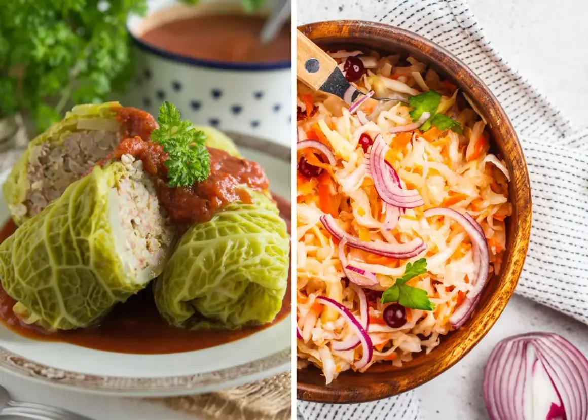 Rollitos de col rellenos y ensalada de col con cebolla morada. Dos deliciosas recetas con col para inspirarte.