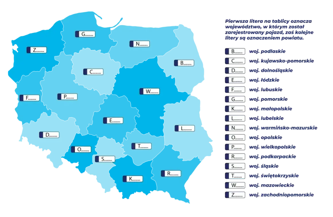 Mapa Polski z oznaczeniami województw i powiatów. Litera L oznacza województwo lubelskie.