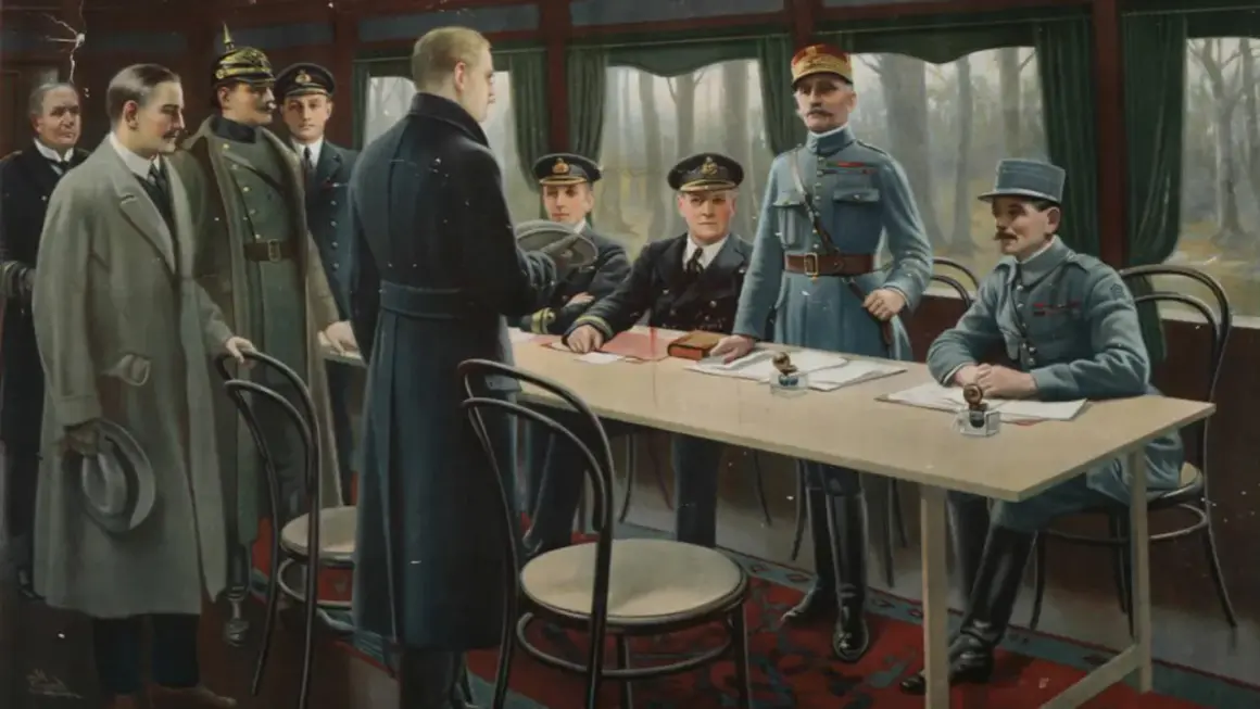 Militares de distintas naciones se reúnen en un vagón de tren para firmar el armisticio, marcando el fin de la Primera Guerra Mundial.