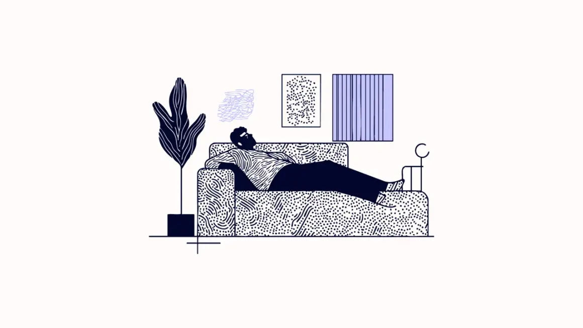 Mężczyzna leży na kanapie, pogrążony w myślach. Ilustracja symbolizuje prokrastynację i psychologię odkładania zadań na później.