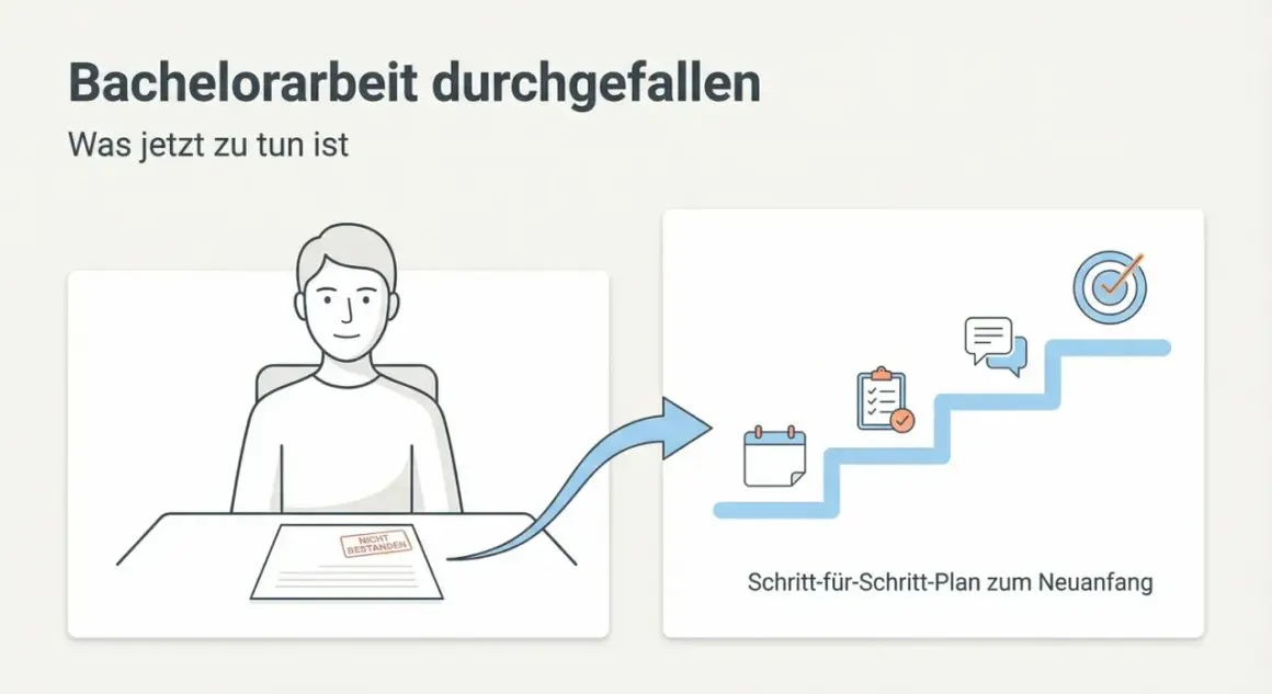 Mann sitzt am Schreibtisch, seine Bachelorarbeit ist durchgefallen. Ein Pfeil zeigt auf eine Treppe mit Symbolen für Planung und Zielerreichung.