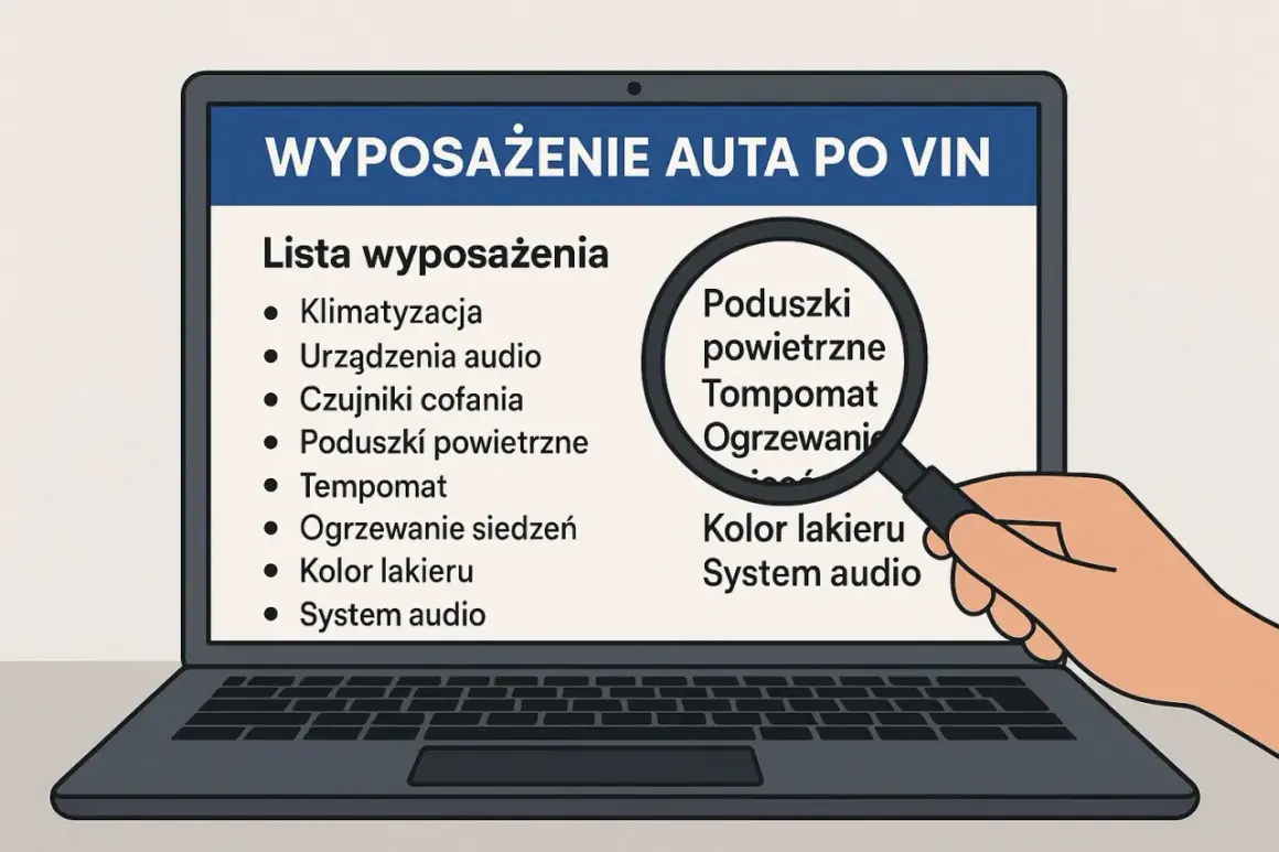 Lista wyposażenia auta po VIN: klimatyzacja, poduszki powietrzne, tempomat, ogrzewanie siedzeń, system audio. Lupa podkreśla kluczowe elementy.