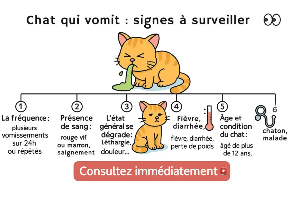 Mon chat vomit et a la diarrhée : signes à surveiller. Vomissements fréquents, sang, léthargie, fièvre, perte de poids. Consultez immédiatement.