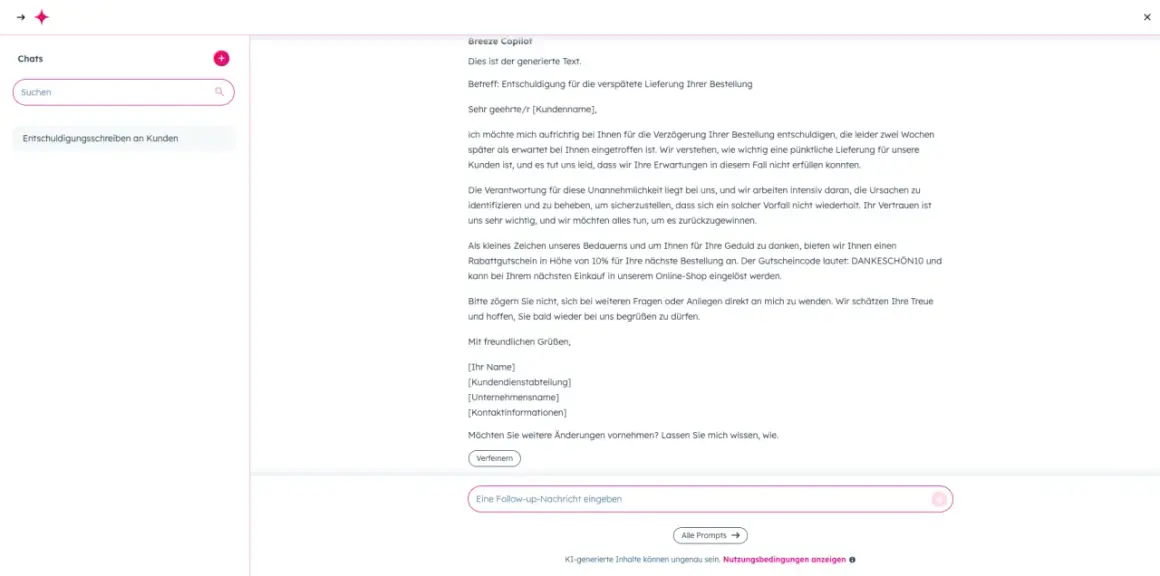 KI-generierter Text, um um Verzeihung bitten für verspätete Lieferung. Bietet 10% Rabatt für nächste Bestellung.