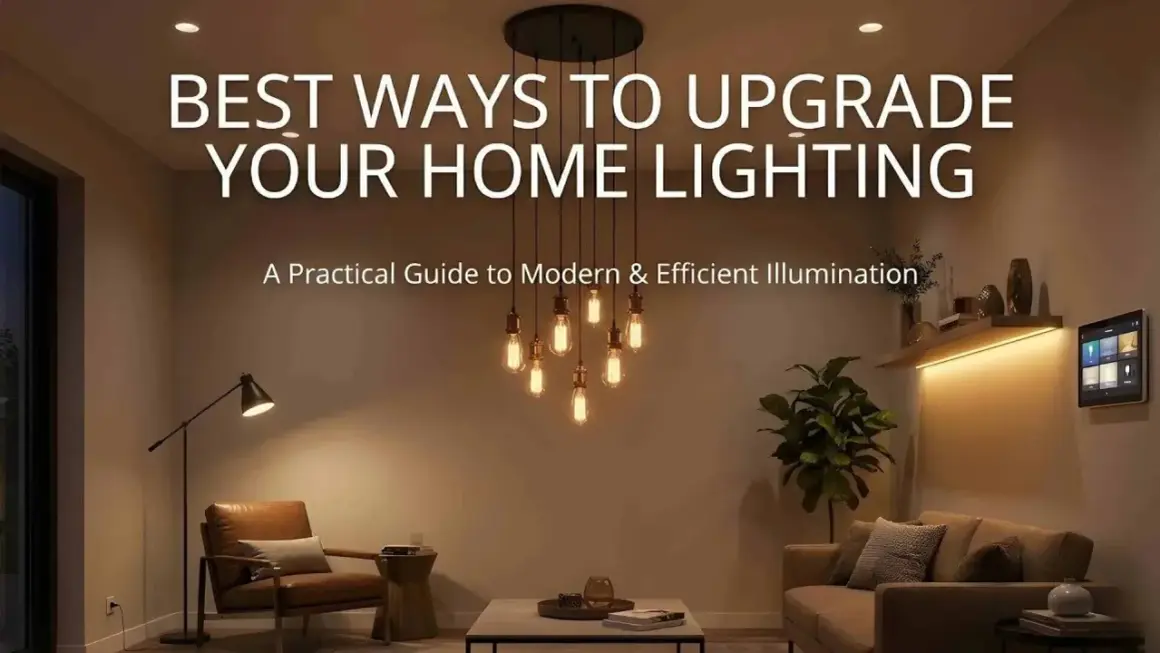 Modern living room with stylish DIY lighting upgrades, featuring a chandelier, floor lamp, and accent shelf lighting.