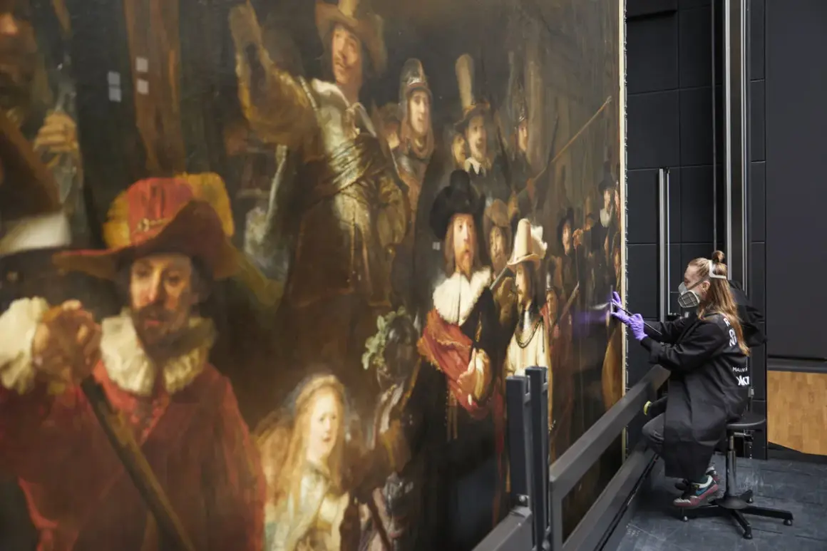 Restauratie Nachtwacht: een vrouw met mondkapje en handschoenen werkt aan het beroemde schilderij van Rembrandt.