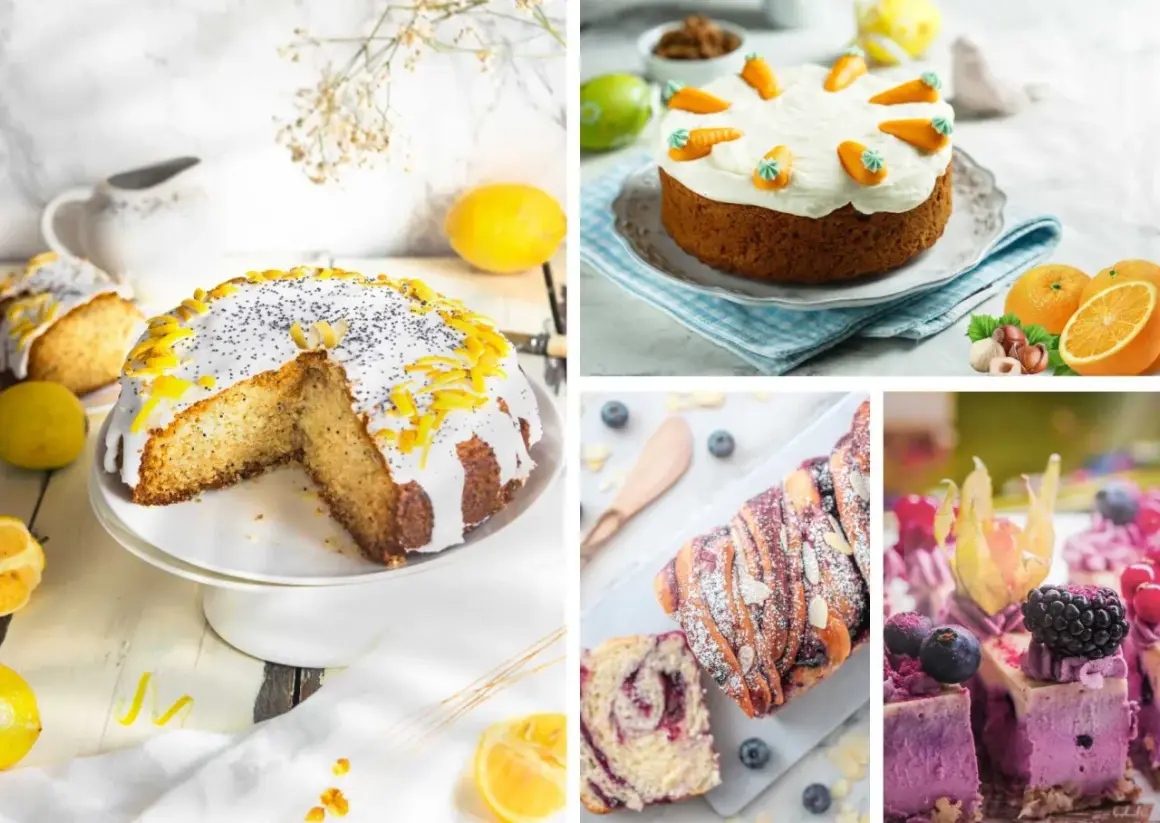 Köstliche Kuchen-Kreationen: Zitronen-Mohn-Kuchen, Karottenkuchen mit Zuckerguss, Blaubeer-Zimtschnecke und Beeren-Desserts – ideal für Diabetiker.