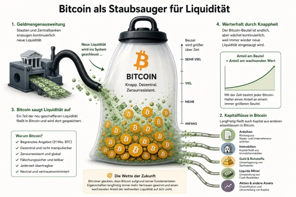 Bitcoin als Staubsauger für Liquidität: Zentralbanken erzeugen Geld, das in Bitcoin fließt. Der Anfang der Bitcoin-Geschichte zeigt, wie es Liquidität aufsaugt.
