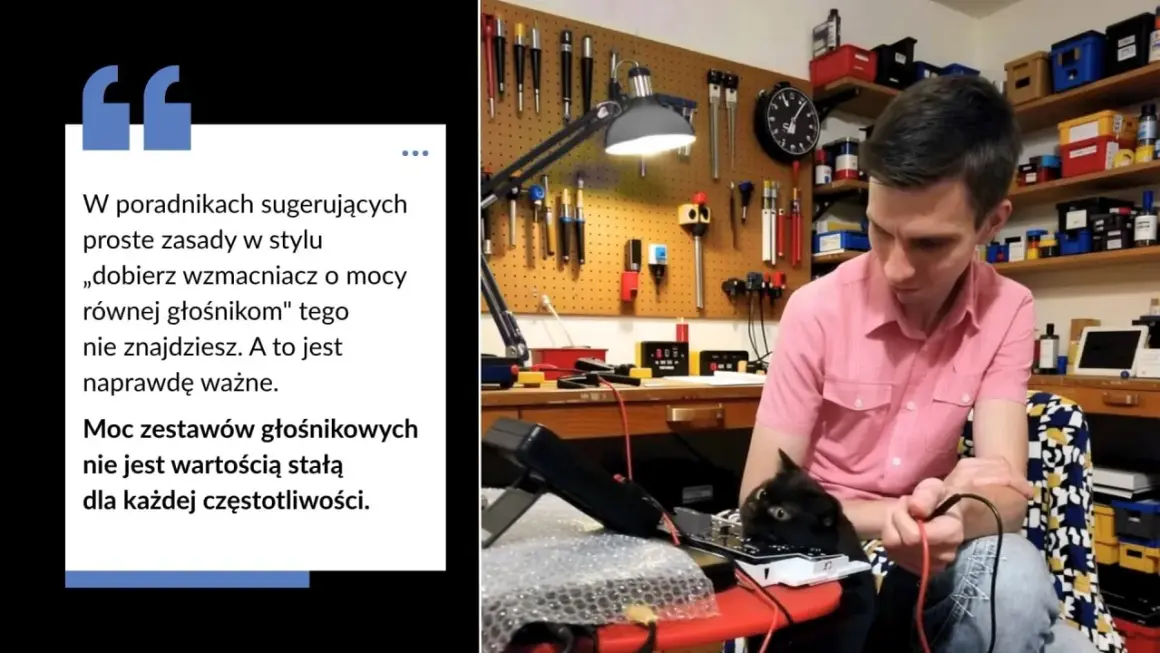 Mężczyzna z kotem przy biurku pełnym narzędzi. Tekst mówi o tym, że moc zestawów głośnikowych nie jest stała dla każdej częstotliwości.