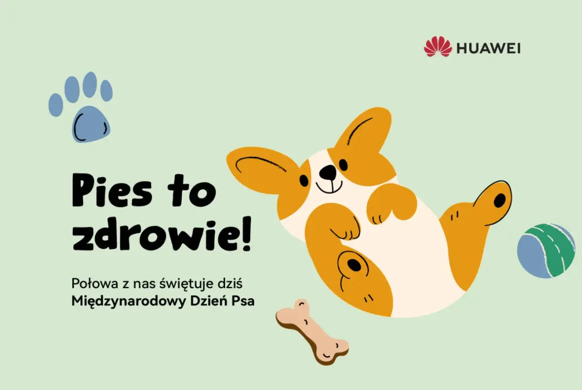 Radosny corgi świętuje Międzynarodowy Dzień Psa. "Pies to zdrowie!" głosi napis. Obok kość i piłka. Huawei.