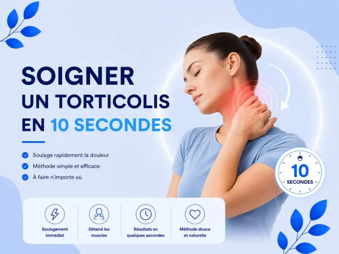 Femme soulageant une douleur à la base de la nuque, avec des indications de soulagement rapide en 10 secondes.