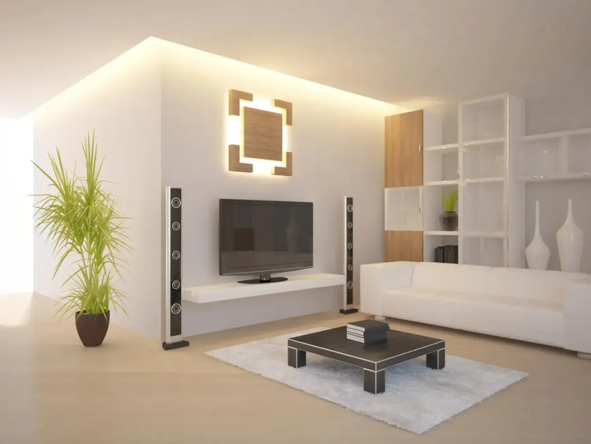 Modernes Wohnzimmer mit indirekter Beleuchtung an der Wand, die eine warme Atmosphäre schafft. Ein Fernseher, weiße Couch und ein Couchtisch sind zu sehen.
