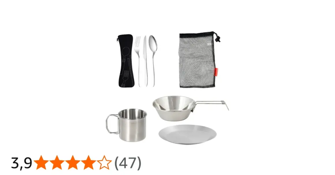 Set de camping: cubiertos, taza, sartén y plato de metal, ideal para tus aventuras al aire libre.