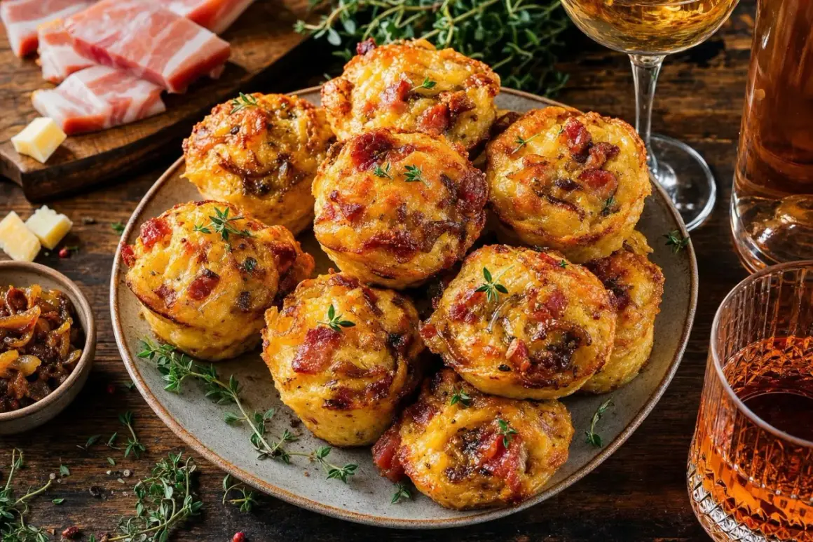 Savoureux muffins lardons oignons, dorés et garnis de thym frais, prêts à être dégustés avec un verre de vin.