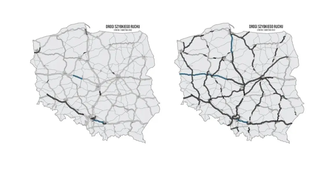 Dwie mapy Polski z zaznaczonymi drogami szybkiego ruchu.