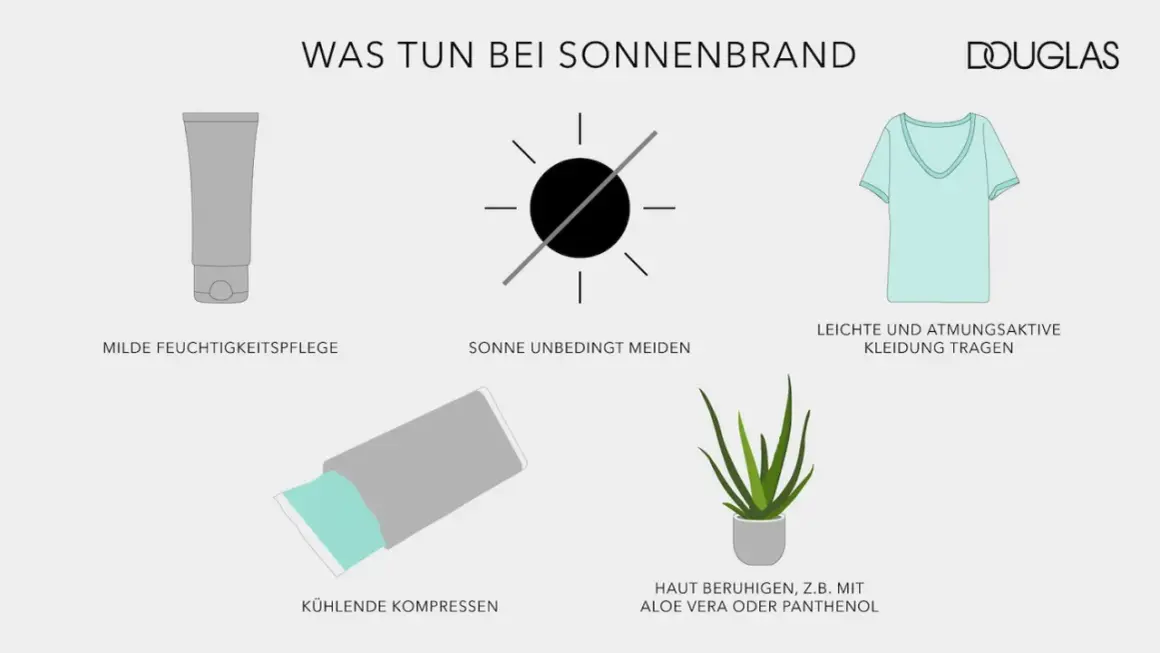 Tipps bei Sonnenbrand: Sonne meiden, leichte Kleidung, kühle Kompressen und Hautpflege mit Aloe Vera oder Panthenol.