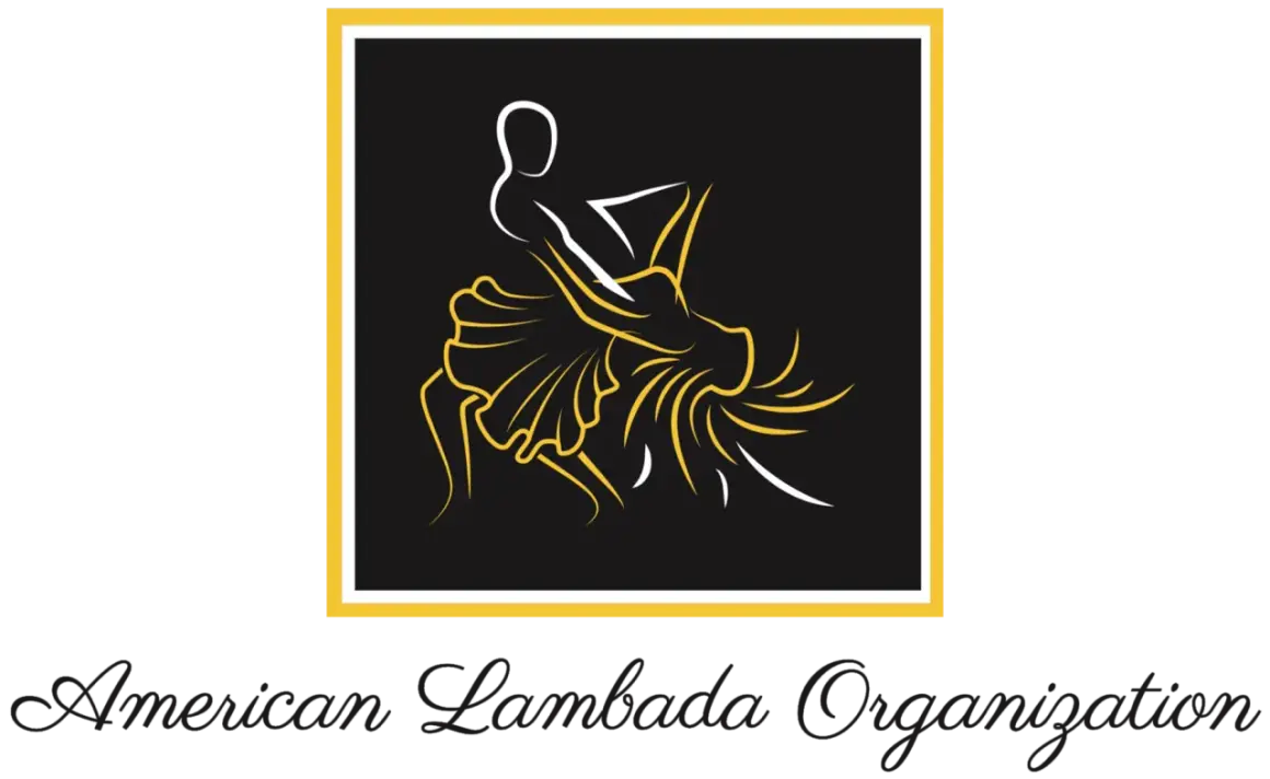 Para tańczy lambadę, ich ruchy tworzą dynamiczny wzór. Logo "Kaoma La Lambada Tekst" oddaje energię tańca.