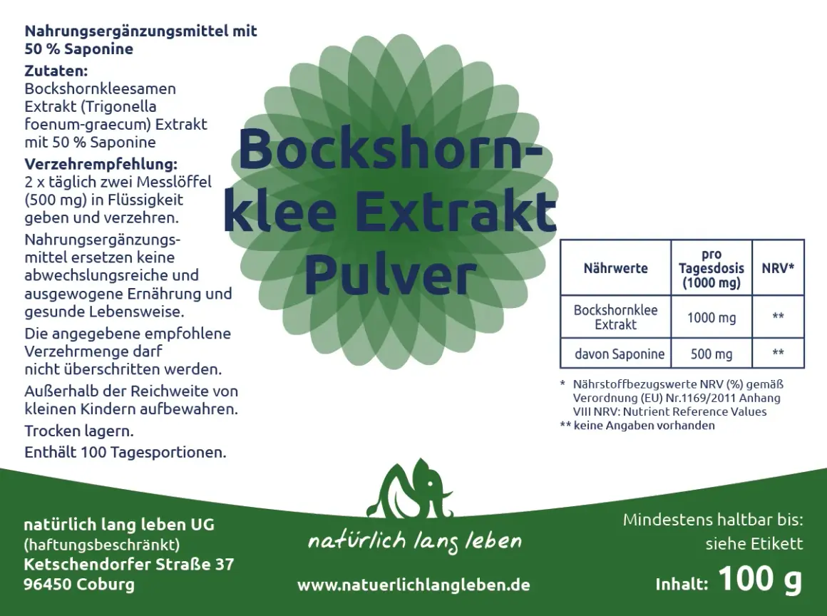 Bockshornklee Extrakt Pulver: 2 Messlöffel (500 mg) täglich in Flüssigkeit einnehmen. Enthält 100 Tagesportionen.