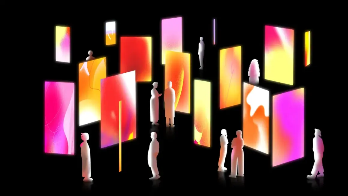 Silhouetted figures explore a gallery of vibrant, glowing digital art, showcasing contemporary art trends with abstract gradients and light.