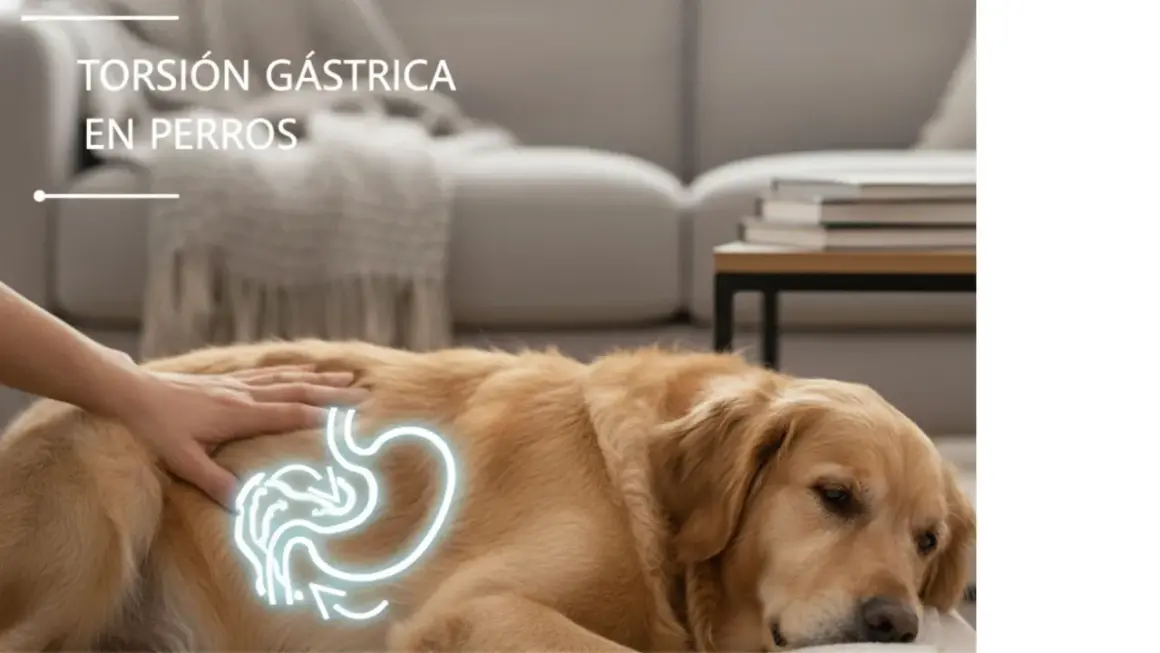 Un perro golden retriever descansa mientras una mano acaricia su lomo, sobre el cual se ilumina un diagrama del estómago, alertando sobre la torsión gástrica en perros.