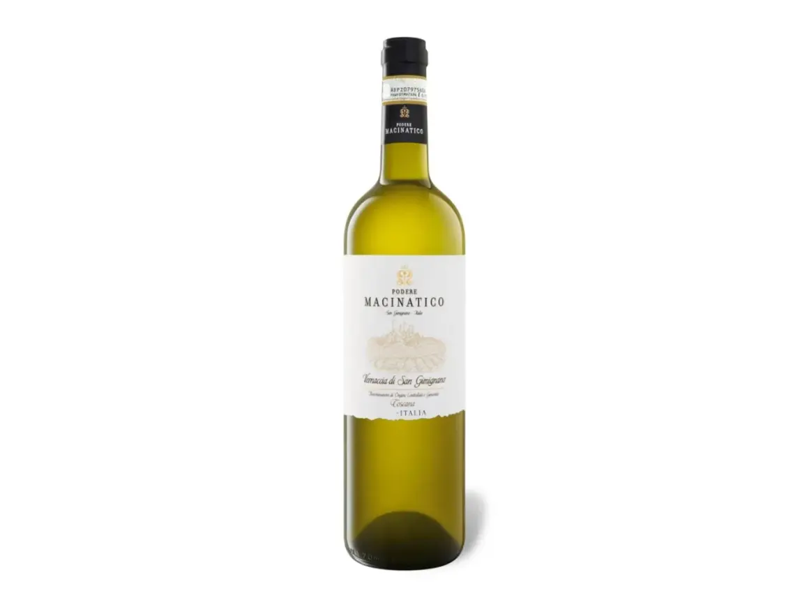 Flasche hellgrünen Weins, "Vernaccia di San Gimignano" von Podere Macinatico, ein toskanischer Wein aus Italien.