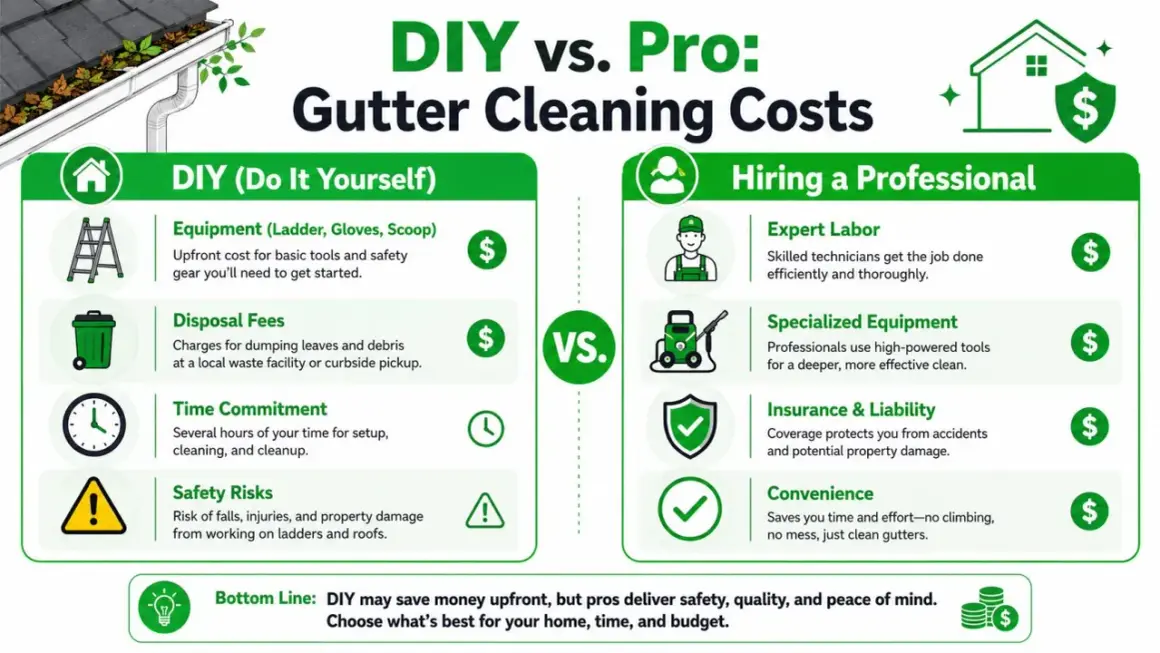 Infographic comparing DIY vs. Pro gutter cleaning costs, covering equipment, disposal, time, safety, labor, and convenience. Learn how to clean gutters effectively.
